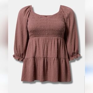 Torrid Crinkle Gauze Smocked 3/4 Blouson Tiered Top